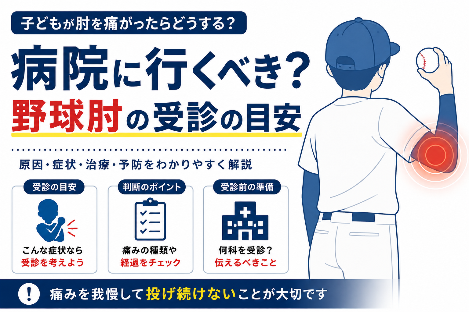 「子どもが野球肘で受診する目安を示したイラスト」