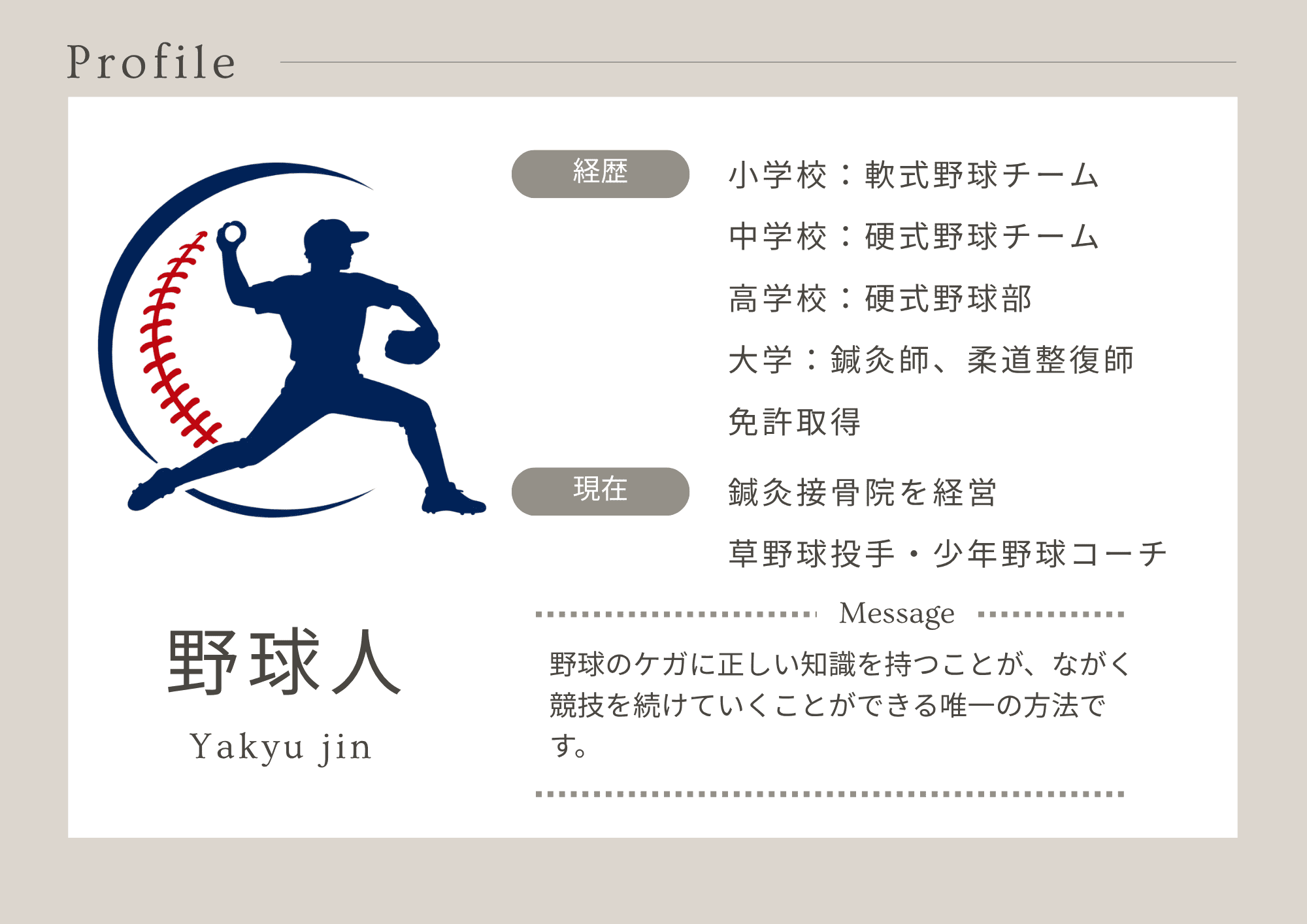 野球メディカルノートのプロフィールカード。投球イラストと、野球人としての経歴・現在の活動、野球のケガについてのメッセージを掲載