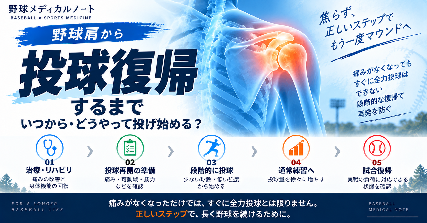 野球肩の治療・リハビリから段階的な投球復帰までを示したスポーツ医学インフォグラフィック